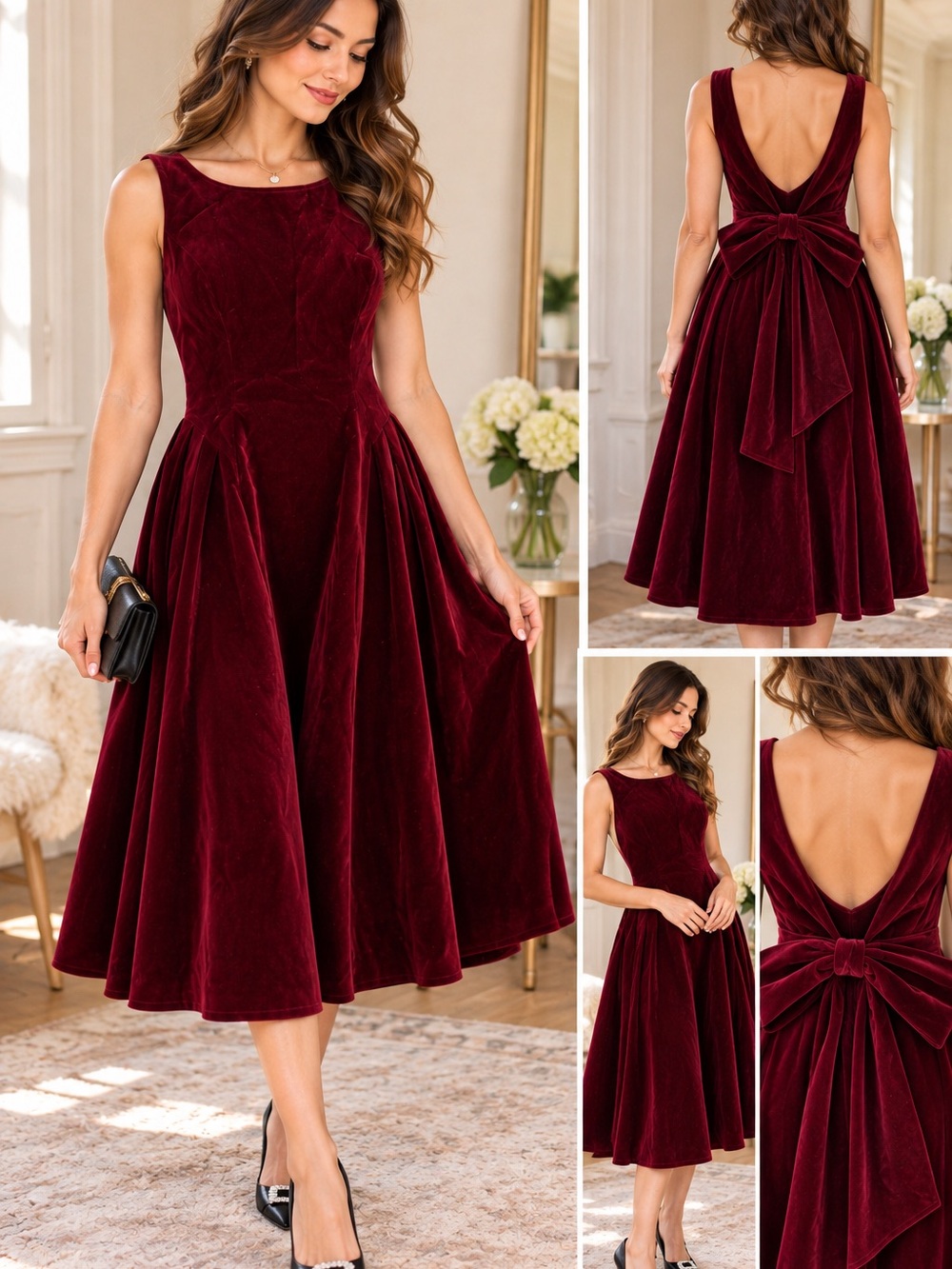 Cider Burgundy Velvet Midi Dress with Bow-Back